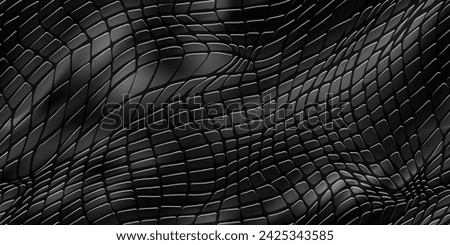 Reptile skin embossed in black with an unending pattern. Top view of a leatherette textured like a crocodile or dinosaur. BG in imitation of laminated leather. Hintergrund dermantine. PVC substance