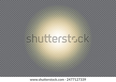 Yellow circle spotlight on the wall as overlay transparent mockup. Front view of electric lamp light or lantern ray. Shadow vector illustration