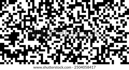 QR code abstract seamless pattern with black and white chaotic squares. Bw bg with matrix of encoded message or binary code for scanning by computer or smartphone. Vector monochrome tech background