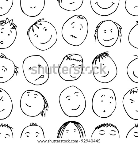 Seamless Pattern With Graphic Cartoon Faces In Doodle Style Stock ...