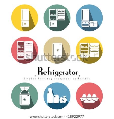 Refrigerator appliance. Vector household flat icon set kitchen freezing equipment. Detailed si?n in round style with shadow.