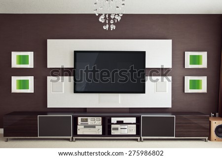 Modern Home Theater Room Interior with Flat Screen TV frontal view