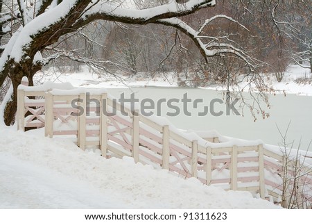 Winter landscape depicting a tree, a fence, a lake and snow