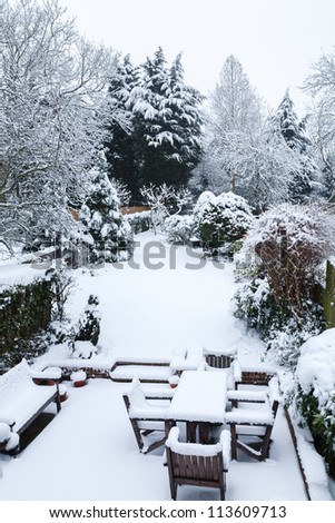 Snow covered garden and patio
