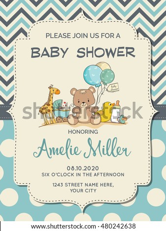 Beautiful baby boy shower card with toys, vector format ストックフォト © 