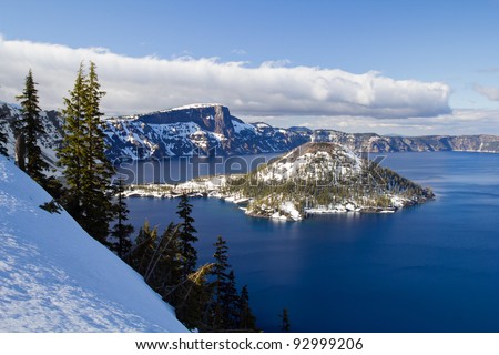 Wizard Island in Crater Lake National Park, Oregon, late winter snow-scape