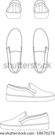  Slip on shoes top, back, front, right, left view. Eps vector graphics.