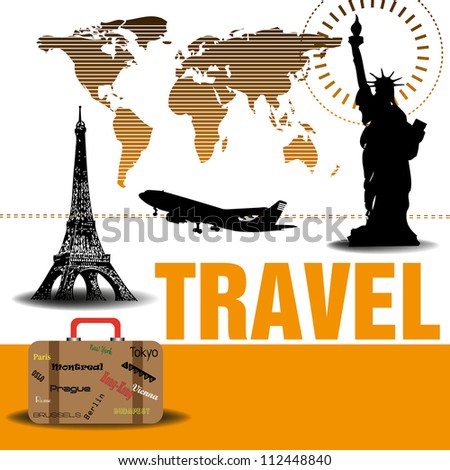 Abstract colorful background with the world map, the Statue of Liberty, the Eiffel Tower, a plane and a suitcase. Traveling concept