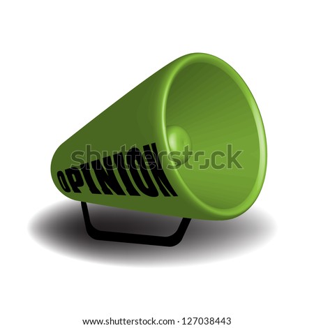 Isolated green megaphone on which is written the word opinion