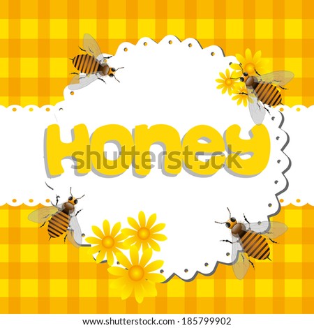 Abstract colorful background with bees among yellow flowers and the word honey written with yellow letters in the middle of the image