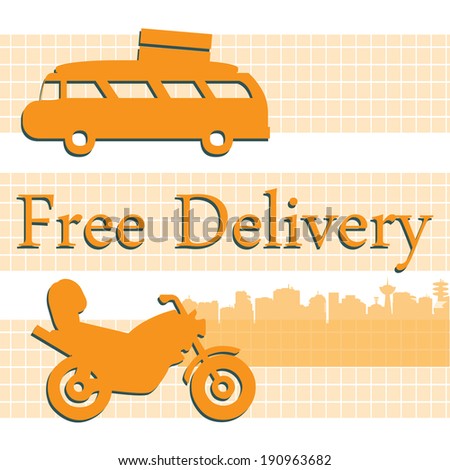 Abstract colorful background with two delivery vehicles and the text free delivery written in the middle of the image