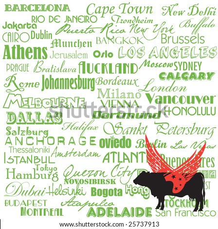 colorful background with the name of more important cities written with green and a black cow shape with red wings, the traveling cow.