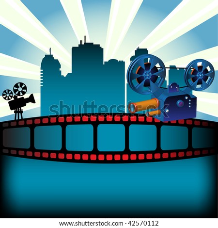 Abstract colorful background with filmstrip, skyscrapers and two movie projectors. Movie festival concept