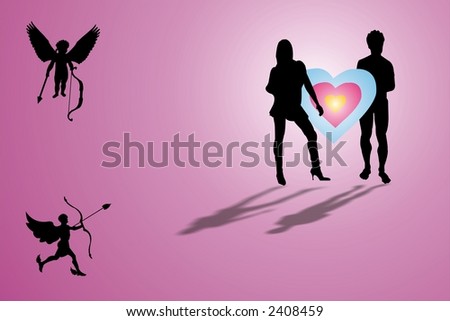 colored background with male, woman and small cupid shapes