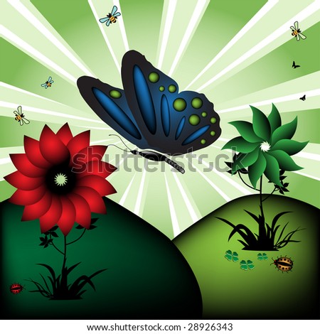 Abstract colorful illustration with blue butterfly, colored flowers, small ladybirds and bees