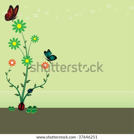 Abstract background with colorful flower, small ladybirds and two beautiful butterflies
