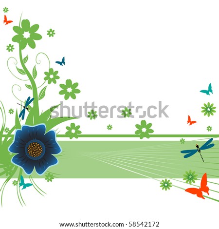 Colorful illustration with green flowers, small butterflies and dragonflies. Summertime theme