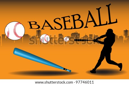 Abstract colorful illustration with a baseball player silhouette hitting some balls on a field somewhere near a city