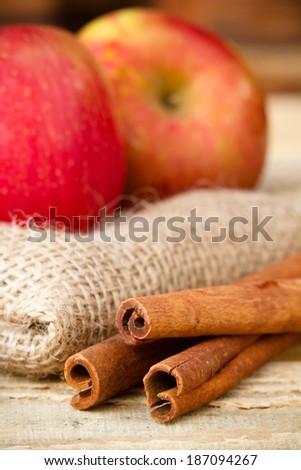 Cinnamon Sticks - This is a close up shot of some cinnamon sticks sitting on a wood table next to  some apples on a burlap sack. Shot with a shallow depth of field.