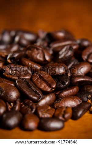 Coffee Beans / This is a close up shot of a pile of roasted coffee beans. Shot with a shallow depth of field and vignetting.