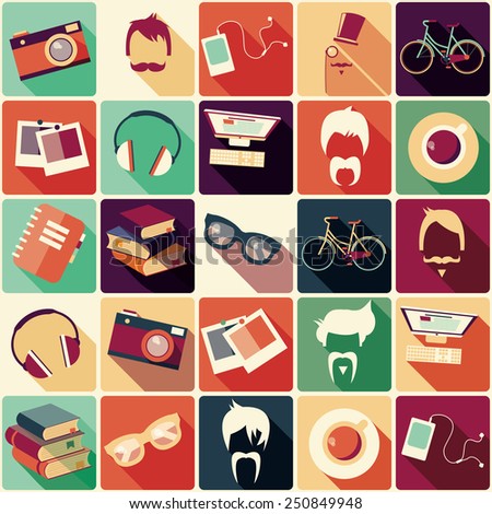 Collection of retro hipster elements, hairstyles and items, vector illustration