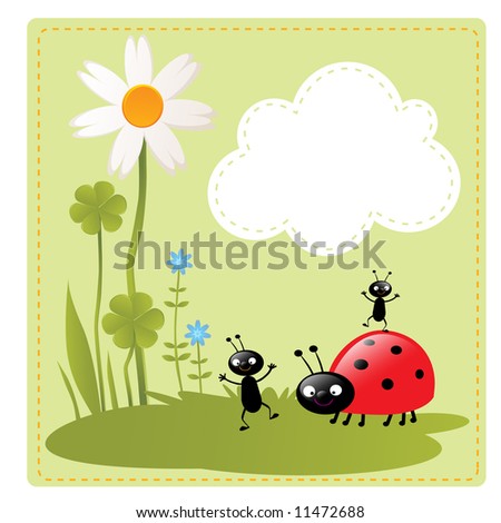 little happy cartoon insects playing in the garden vector illustration and a cloud for your text