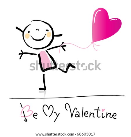 Valentine's Day cartoon romantic people in love holding heart, children's drawing style series
