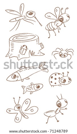 little animals vector drawing set- insects, fish