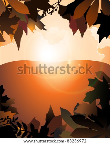 autumnal landscape background, brown leaves border