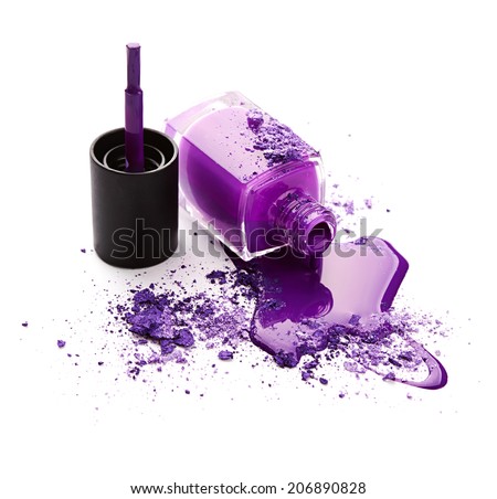 Purple nail polish with crushed eye shadow isolated on white background