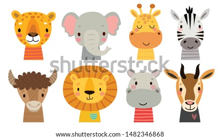 Cute African animal faces. Hand drawn characters. Sweet funny animals. Vector illustration.