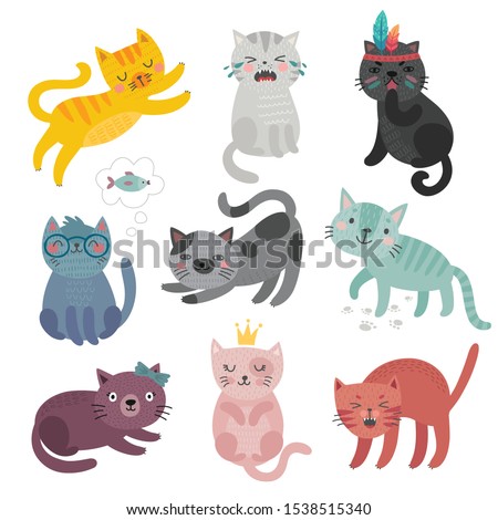 Cute cats faces. Hand drawn characters.  Sweet funny kittens. Vector illustration.