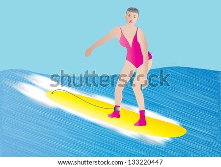 An Older Woman surfing on a yellow surf board