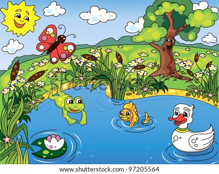 Cartoon Kid'S Illustration Of The Pond Life With A Frog, Fish, Duck ...