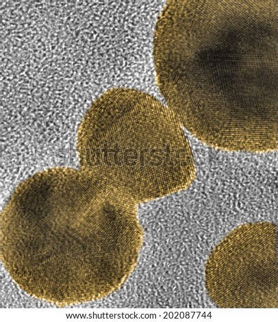 Nanoparticles of gold produced by laser ablation of a bulk Au target in water. One can see the atomic planes of Au.