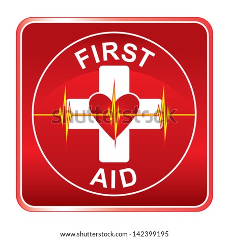First Aid Health Symbol is an illustration of a first aid health icon or medical symbol with heart and heartbeat line.