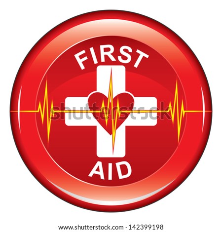 First Aid Heart Health Button is an illustration of a first aid health icon or medical symbol with heart and heartbeat line on a button.