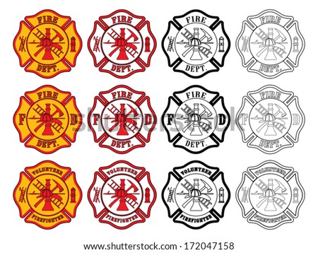 Firefighter Cross Symbol is an illustration of three slightly different firefighter or fire department Maltese Cross symbols. Each is presented in four styles of color.