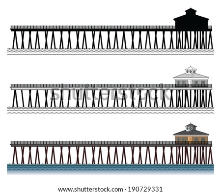 Pier is an illustration of a three piers in silhouette, in black and white lines and in color.