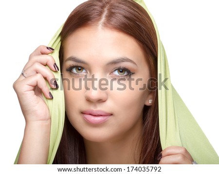 Attractive auburn hair color model head shot ideal for illustrations, beauty and fashion and other concepts.
