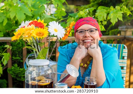 Beautiful hispanic female with bright smile dines outdoors