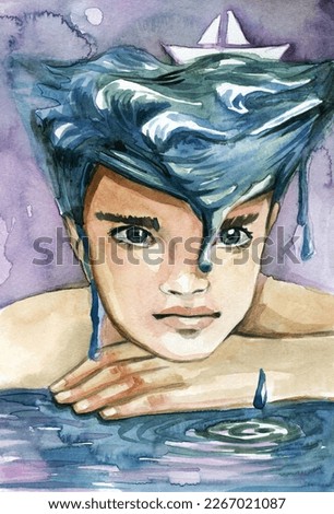 A watercolor illustration of a boy with a seascape in the background