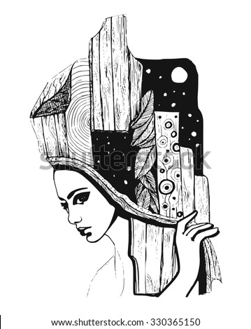 black-and-white illustration depicting abstract portrait of a woman