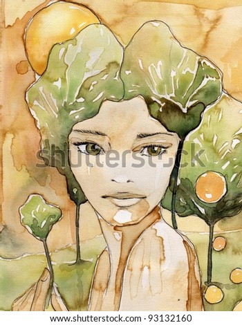 portrait of a beautiful woman. The original picture painted coffee stains and paints . autumn portrait