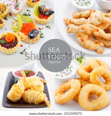Fried seafood appetizer platter with fish, shrimp, calamari, frog legs and fish eggs, collage