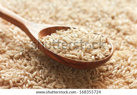 Spoon of brown rice close up