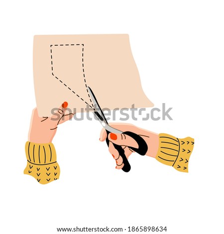 Vector illustration of female hands cutting fabric or paper with scissors. Seamstress hands in a flat design. Creative hobby. Isolated on a white background