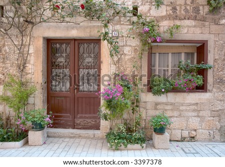 Old window and door with flowers in the town of Istria