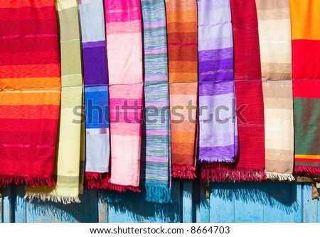 A variety of colored cloths and silks from Northern Africa. Morocco, Essaouira.