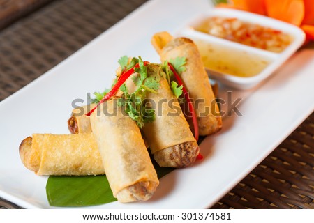 Fried Chinese Traditional Spring rolls food with vegetable